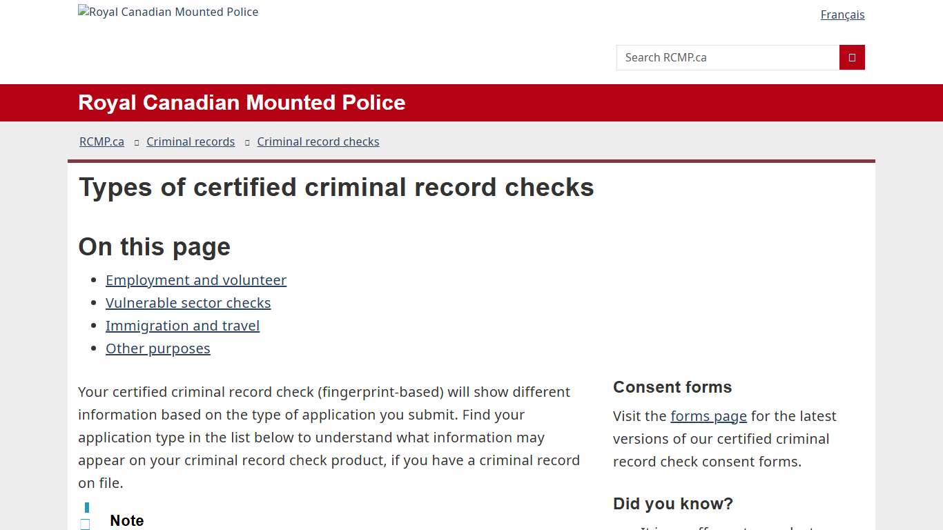 Types of certified criminal record checks | Royal Canadian Mounted Police